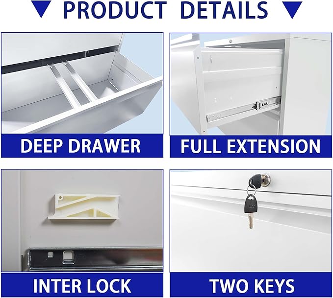 4 Drawer Lateral File Cabinet with Lock for Home Office Metal Filing Cabinet with Adjustable Hanging Rails Horizontal Filing Organization Storage Cabinet for Letter/Legal/A4/F4 Size White