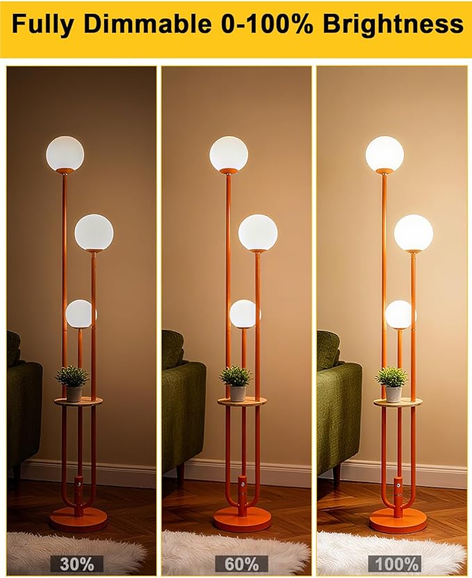 Lightdot 63IN Orange Floor Lamp with Shelf Mid Century Modern Tall Standing Lamps with 3000K Warm White Bulb Included Dimmable Globe Floor Lamp for Living Room/Party/Sofa Beside/Corner Decor