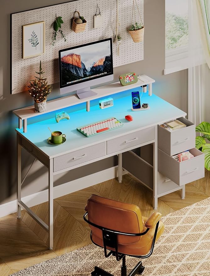 Seventable Computer Desk with Power Outlets & LED Light, 55 inch Home Office Desk with 5 Drawers, Writing Desk with Monitor Stand, Work Desk for Home Office, White