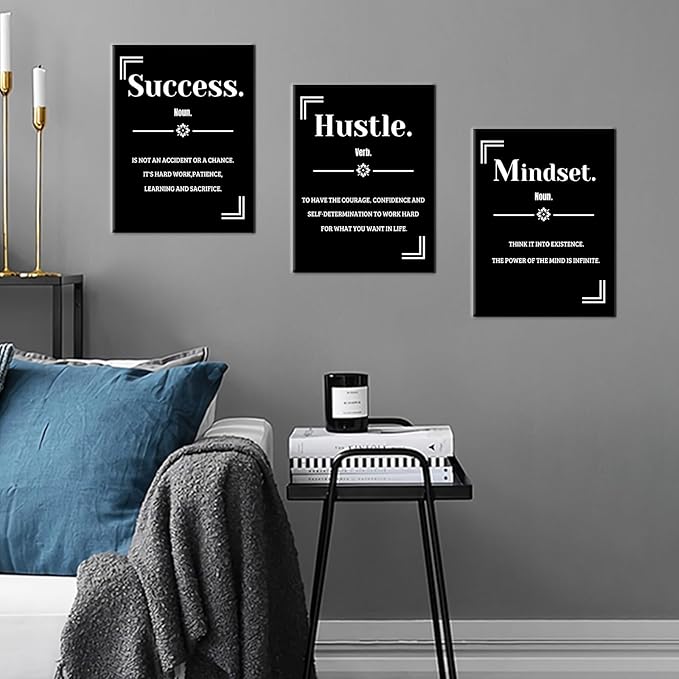 Inspirational Canvas Wall Art 3 Pieces Mindset Hustle Success Home Decor Motivational Quotes Artwork Positive Picture Painting for Bedroom Bathroom Gym Office Stretched and Framed [36''W x 16''H]