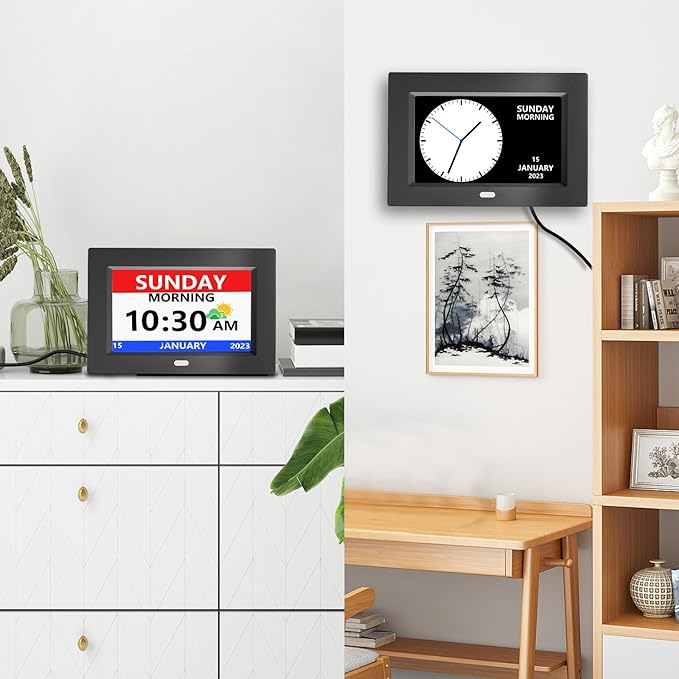 7 Inch Clock with Day and Date for Elderly Large Display Digital Clocks 12 Alarms 3 Display Modes Large Font Alzheimer's Clock Alarm Clocks for Seniors Auto DST Black