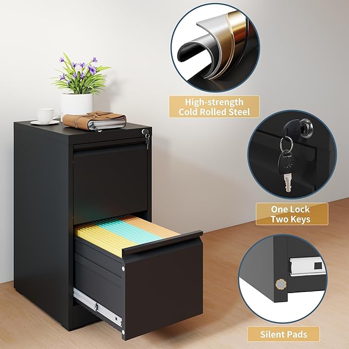 2 Drawer File Cabinet with Lock, Narrow Vertical Filing Cabinets for Home Office, Under Desk Storage Cabinet, Heavy Duty File Cabinet, Amssebly Required, Black