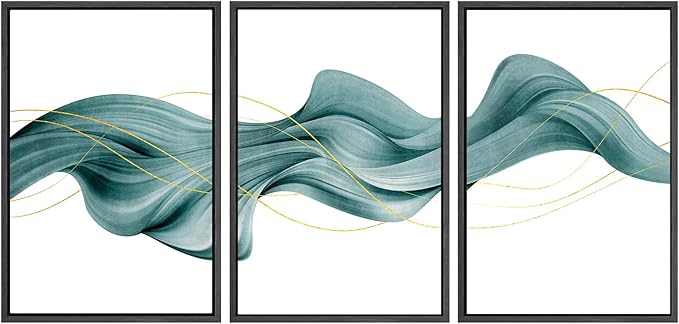 SIGNWIN Framed Canvas Print Wall Art Set Futuristic Teal Geometric Smoke Wave Abstract Shapes Illustrations Modern Art Decorative Nordic Zen Chic for Living Room, Bedroom, Office - 16"x24"x3 Black