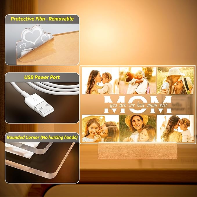 Personalized Mothers Day Gifts for Mom from Daughter Son, Custom Picture Frames with Photos, Customized Photo Frame with Night Light, Personalized Birthday Gifts for Mom Baby Kids Family