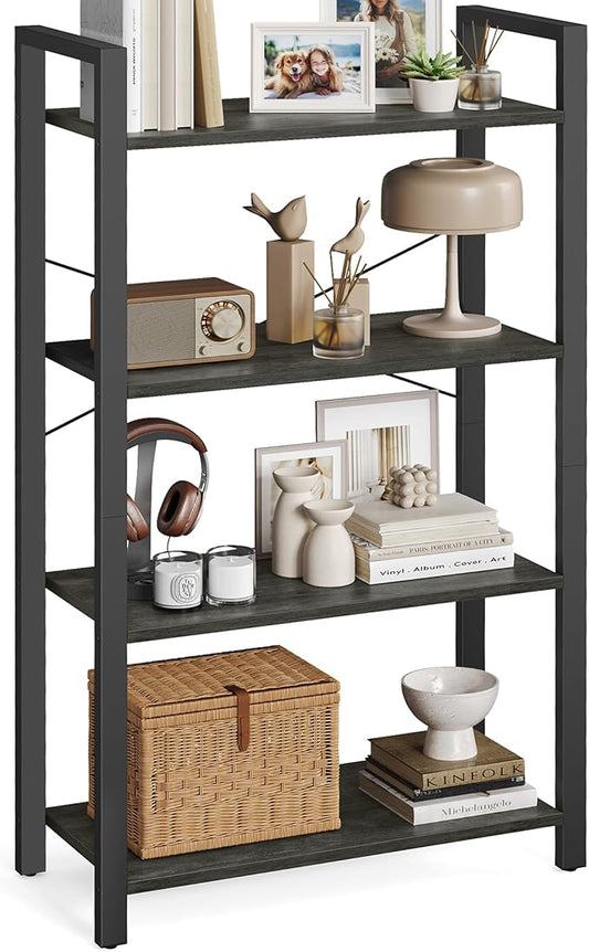 VASAGLE 4-Tier Bookshelf, Bookcase with Steel Frame, Book Shelf for Living Room, Home Office, Study, 11.8 x 26 x 47 Inches, Industrial Style, Charcoal Grey and Ink Black ULLS060B04