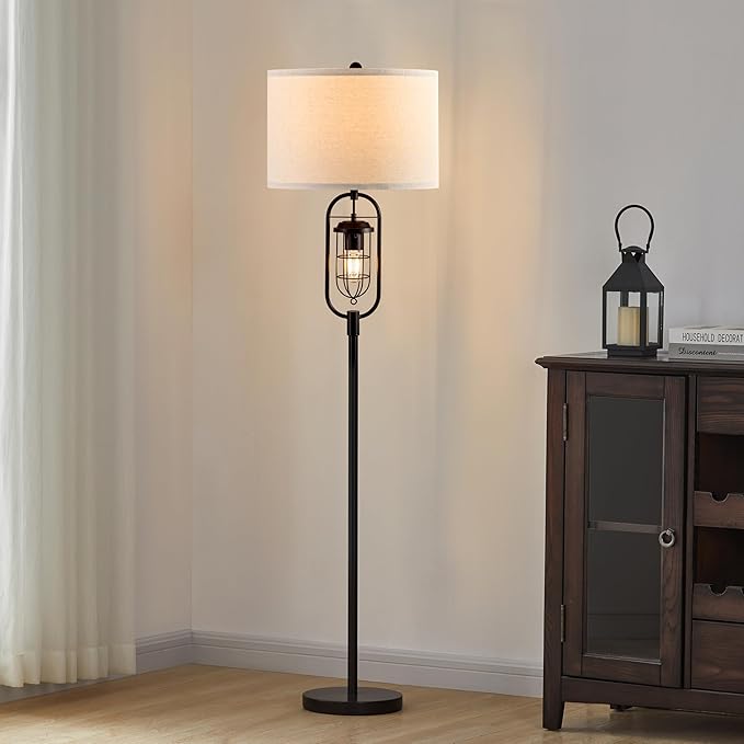 KAWOTl Farmhouse Floor Lamp with Night Light, 62.5’’ Industrial Bronze Standing Lamp for Living Room, Bedroom, Home Office, Rustic Lantern-Style (LED Bulbs Included)