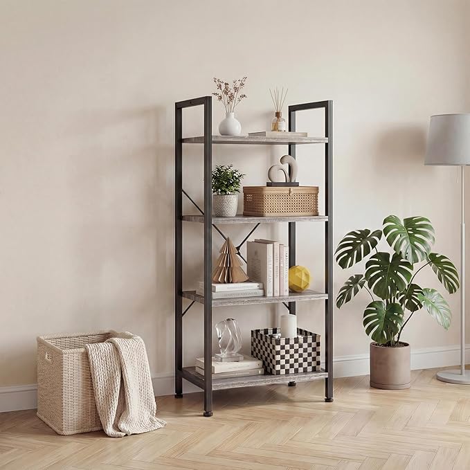 DUMOS 4 Tiers Bookshelf, Classical Book Shelf, Tall Display Shelves in Living Room/Home/Office, Storage Organizer for CDs/Books/Movies, Wood Grey