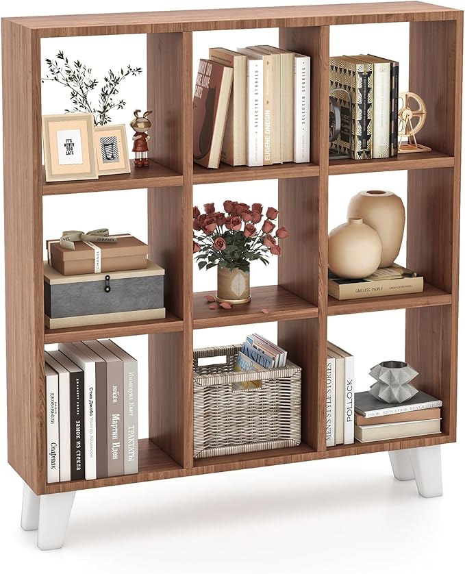 Tangkula 9-Cube Bookcase, Freestanding 3-Tier Bookshelf with 6 Removable Shelves, Open Back DIY Storage Organizer with Raised Support Feet for Living Room Study Office (1, Brown)