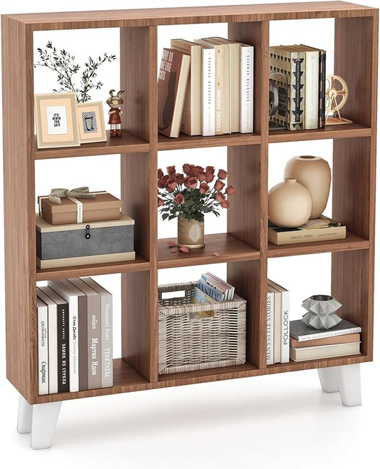Tangkula 9-Cube Bookcase, Freestanding 3-Tier Bookshelf with 6 Removable Shelves, Open Back DIY Storage Organizer with Raised Support Feet for Living Room Study Office (1, Brown)