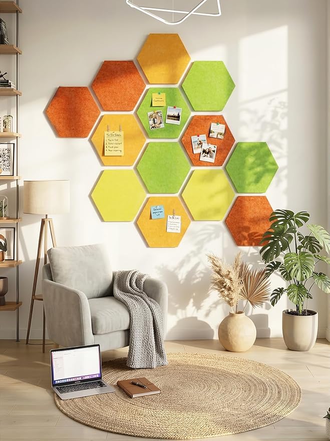 8 Pack Hexagon Felt Bulletin Board Tiles - 11.8" Large Thick Pin Board for Walls with 30 Push Pins, DIY Boards for Office Home School Decor, Aesthetic Hex Cork Board Alternative