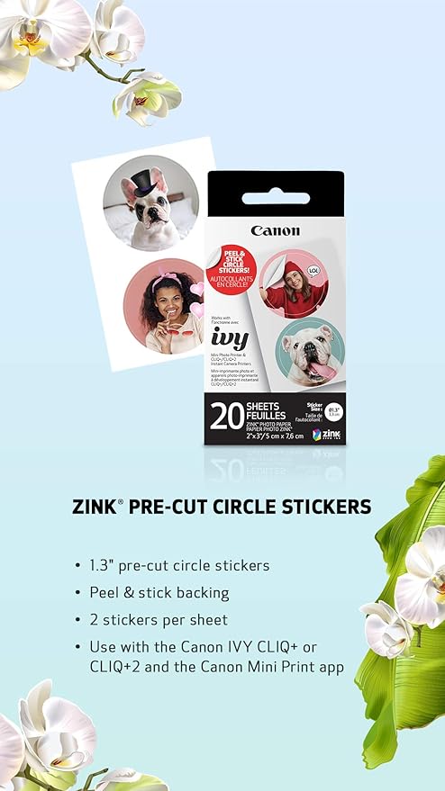 Canon IVY ZINK Pre-Cut Circle Sticker Paper 20 sheets Pack (Pack of 2) Compatible with Canon IVY Mini Photo Printer and CLIQ+/CLIQ+2