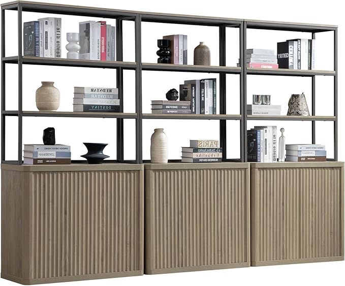 SICOTAS Book Shelf Fluted Bookshelf 71" Tall Bookcase with Doors Storage 5 Tier Mid Century Modern Bookshelves Large Shelves Metal Book Cases for Living Room Office Bedroom Kitchen Library (3PCS)