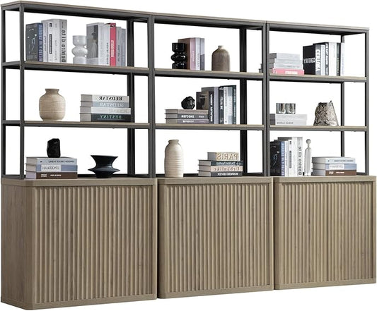 SICOTAS Book Shelf Fluted Bookshelf 71" Tall Bookcase with Doors Storage 5 Tier Mid Century Modern Bookshelves Large Shelves Metal Book Cases for Living Room Office Bedroom Kitchen Library (3PCS)