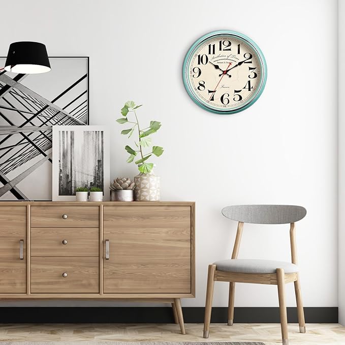 Countryside Wall Clock Metal 12.4" Vintage Retro Wall Clocks Silent Non Ticking Easy to Read for Living Room, Kitchen, Bedroom, Office, Bar(12.4" Turquoise)