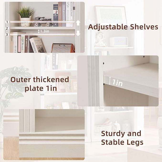 70" White Tall Bookshelf Set of 2,5-Tier Thick Wooden Book Shelf with Adjustable Shelves,Free Standing Farmhouse Bookcase with Open Display Storage,Floor Vintage Bookshelves for Living Room