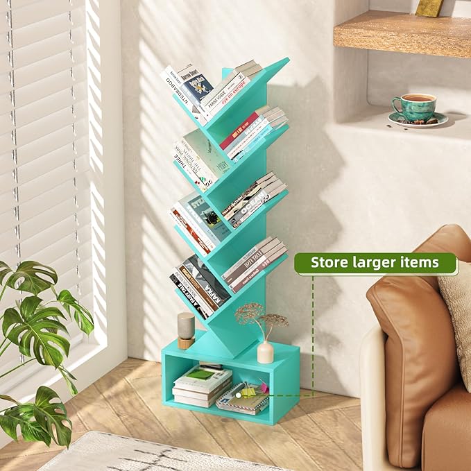 9 Tier Tree Bookshelf,Christmas Green Bookcase for Narrow Space, Storage Organizer Floor Standing Bookshelves for Books, Tall Book Case for Home Office, Living Room, Bedroom
