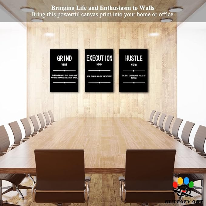 Office Wall Art - 3 Panel Motivational Wall Art, Inspirational Quotes Canvas Art for Home Office Wall Decor, Positive Quotes Wall Decor, Entrepreneur Grind Hustle Execution Poster Frame (20”x30”x3Pcs)