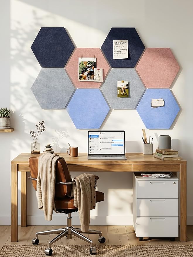8 Pack Hexagon Felt Bulletin Board Tiles - 11.8" Large Thick Pin Board for Walls with 30 Push Pins, DIY Boards for Office Home School Decor, Aesthetic Hex Cork Board Alternative