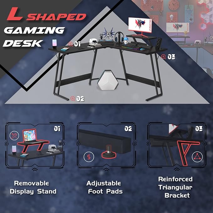 Homall L Shaped Gaming Desk Computer Corner Desk PC Gaming Desk Table with Large Monitor Riser Stand for Home Office Sturdy Writing Workstation (Classical Black, 51 Inch)