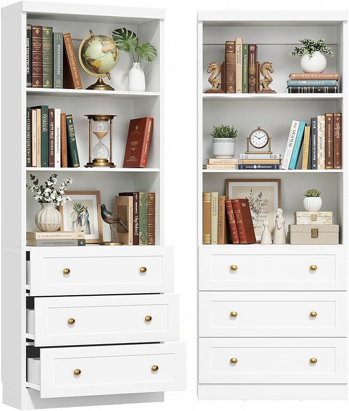 Cyclysio 80" Bookshelf with 3 Drawers, Tall Bookcase with Thickened Top Panel and 3-Tier Open Shelves, Tall Storage Cabinet for Home Office, Living Room, White, Set of 2