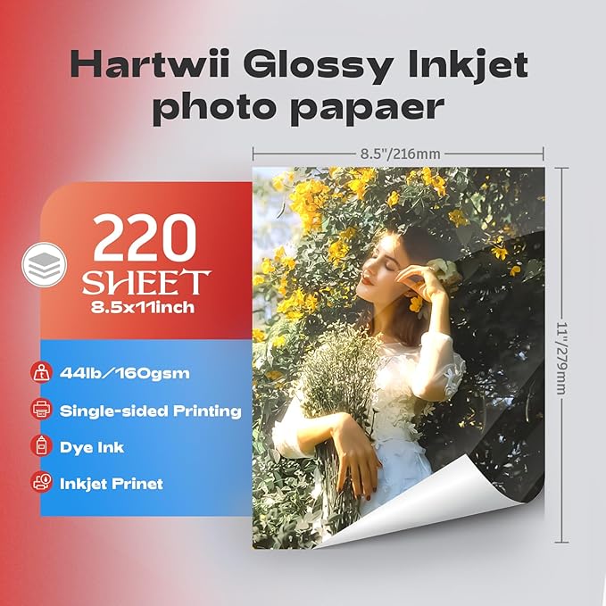 220 Sheets Photo Paper Glossy Inkjet 8.5x11 44lb 160Gsm A4 Letter Size Suitable for All Dye Ink Printers for Calendar Menu Brochure Paper Flyers Paper, Cards