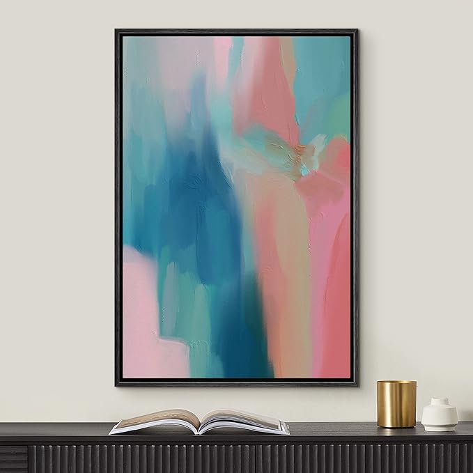 MUDECOR Framed Canvas Print Wall Art Vibrant Blue Pink Pastel Watercolors Abstract Shape Illustrations Modern Art Decorative Bohemian Colorful Chic for Living Room, Bedroom, Office - 16"x24" Black