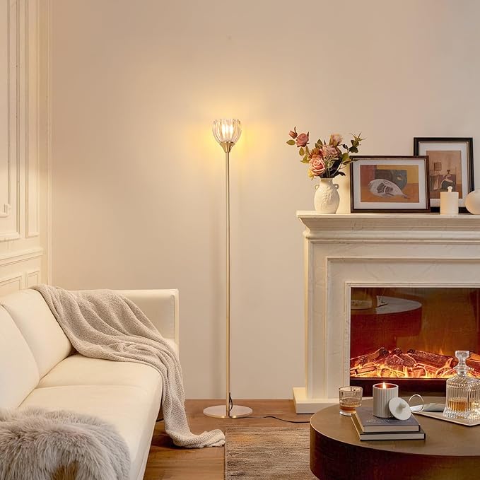 Floor Lamps for Living Room, Bedroom, Gold Standing Lamp with 12W Bulb, Vintage Floor Lamp for Reading, Nursery, Corner (Amber Tulip)