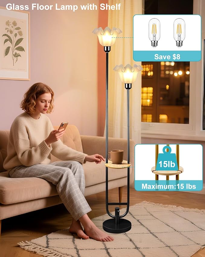 Dimmable Flower Floor Lamps with Table, 2-Lights Floral Floor Lamp, 3000K Warmwhite Candle Holder Style Modern Floor Lamp, Rustic Black Standing Lamp for Living Room Bedroom