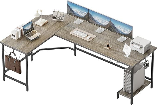 Mericonia 66 inch Large L Shaped Desk, Simple Corner Gaming Desk with CPU Stand & Hooks, Computer Desk for Home, Bedroom & Office Workspace, Grey