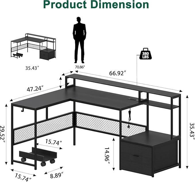 L Shaped Desk with Drawers, 66" Home Office Desk with Power Outlet and Led Strip, Computer Desk with Storage Shelves & Monitor Stand, Large Corner Desk Gaming Desk, Black