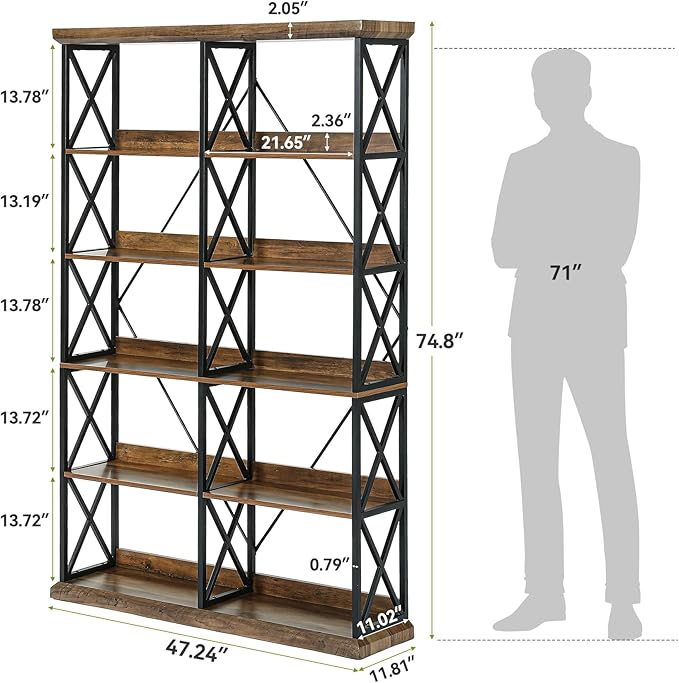 LITTLE TREE Industrial Bookshelf, 6-Tier 47" Wide Bookcase, 75" Tall Standing Shelf Units with 12 Wooden Shelves, Large Open Metal Display Organizer for Office, Living Room, Bedroom, Rustic Brown