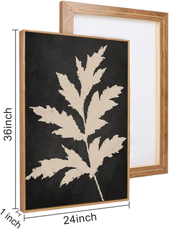 Ausril Black Tan Fern Leaf Framed Canvas Wall Art Set, Minimalist Botanical Wall Decor, Nature Fern Plant Silhouette Wall Painting, Modern Rustic Art Print for Living Room, Bedroom, Office -36"x24"x3