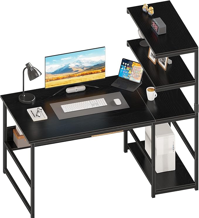 ALISENED 47 Inch Computer Desk with 4-Tier Storage Shelves, Modern Large Office Desk Computer Table Studying Writing Desk Workstation with Bookshelf and Tower Shelf for Home Office