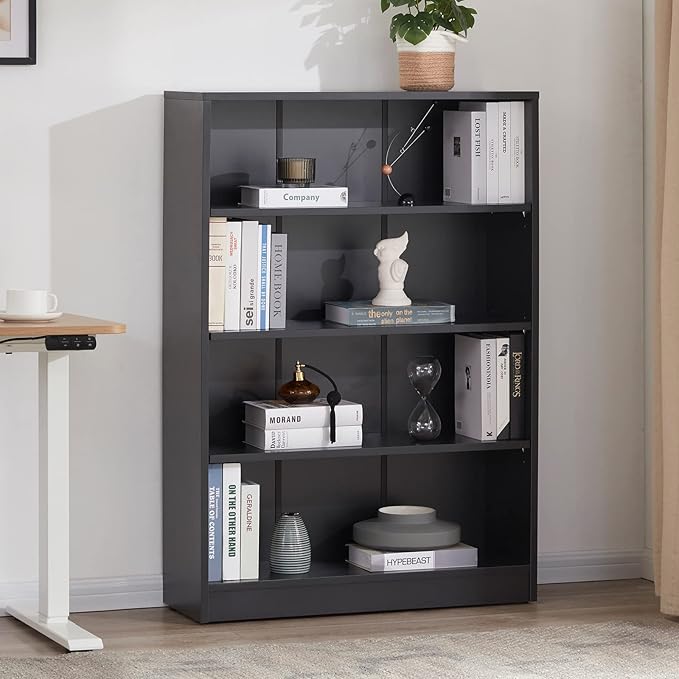 Farini Black Bookshelf for Bedroom 4 Shelf Office Bookcase 48 Inches Tall Modern Wood Bookshelf for Living Room 4 Tier Wide Manga Books