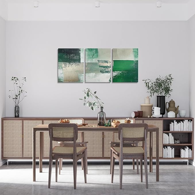jejeloiu 12"x16"x3pcs Abstract Oil Painting Office Decorations Artwork Posters Abstract Art 3 Piece Canvas Wall Art for Living Room Bedroom Green Modern Picture Wall Decor