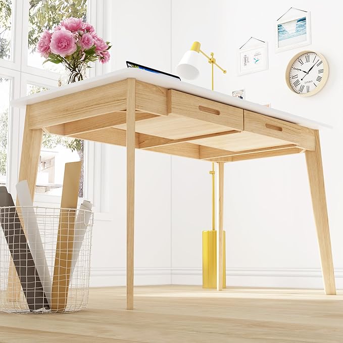 Home Office Computer Desk Coner Desk with 2 Drawers, Study Writing Table for Home Office, Study, White & Natural (47.2 ”W x 23.6”D x 29.1”H)