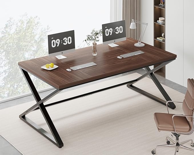 IBF Large Computer Desk, 70.8” Long Home Office Desk for Writing, Modern Simple Executive Work Desk for Study, Wood Metal Double PC Gaming Workstation Computer Table for Bedroom, Walnut, 70 inch
