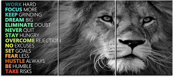 Inspirational Lion Wall Art 3 Pieces Poster Motivational Canvas Positive Wall Art Quotes Success Canvas Artwork Picture Print Framed for Home Office Living Room Gym Wall Decor [36''Wx 16''H]