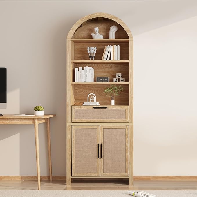 79" Tall Arched Bookcase with Storage, Mid Century Modern 6-Tier Cabinet with Door and Drawer, Arched Bookshelf with Open Display Shelf for Office Living Room (Natural, 79inch-Doors)