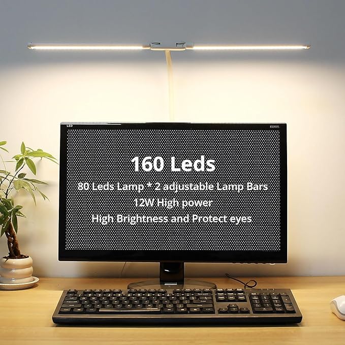 Desk Lamp with Clamp, with 5V 2A Adapter, LED Desk Lamp with Dual Head, 50 Light Modes, Computer Monitor Flexible Neck Lamp, Eye Protection Desk Lamps for Study, Office, Crafts, Draw(White)