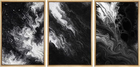 SIGNFORD Framed Wall Art Print Set Black and White Marble Abstract Modern Fluid Digital Art Modern Art Contemporary for Living Room, Bedroom, Office - 16"x24"x3 Natural