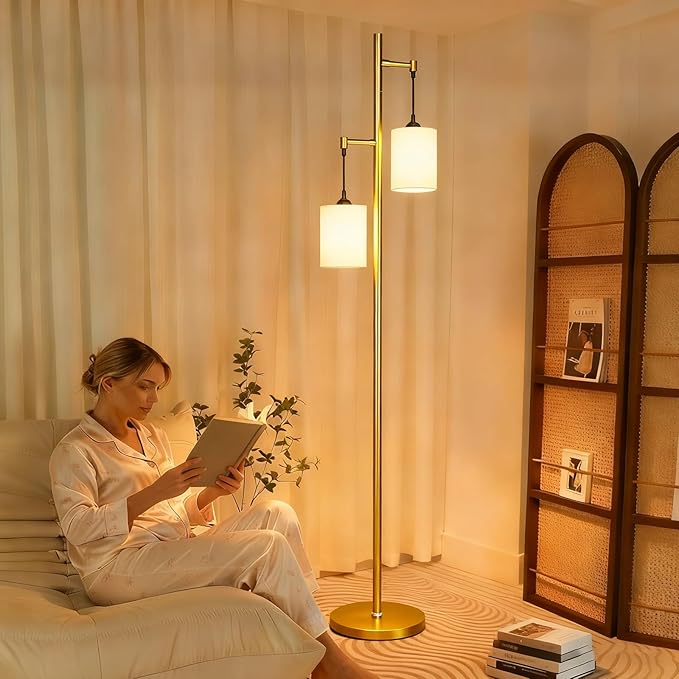 Lightdot 65IN Gold Floor Lamp for Living Room, Industrial 2-Light Tree Floor Lamps with Linen Shade, Mid Century Modern Standing Tall Pole Lamp for Bedroom/Sofa Beside/Corner Decor-Gold(Bulb Included)