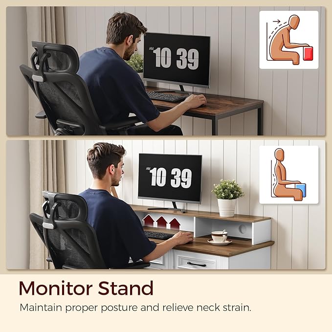 58" Executive Desk, Farmhouse Computer Desk with Drawers, Wooden Office Desk with File Cabinet, Charging Station, Monitor Stand, for Work and Study, White and Walnut CDBZ10E01