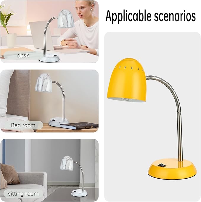 Eye-Caring Table Lamp of Simple Designs Home E26 Led Screw Basic Metal Desk Lamp with Flexible Gooseneck Hose Neck Study Lamp for Bedroom Office Living Room Convenient On/Off Switch(Yellow)