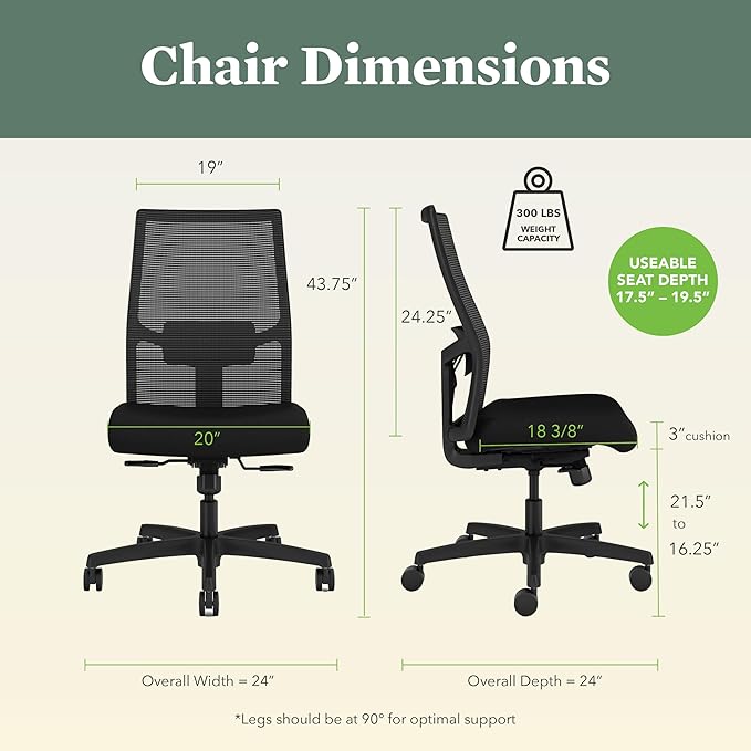 HON Ignition 2.0 Armless Office Chair, Ergonomic Adjustable Tilt, Swivel Wheels, Comfy for Long Hours, Home Office Desk Chairs, Black