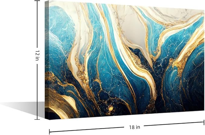 Abstract Wall Art for Living Room 1 Panel Modern Canvas Artwork Decor Turquoise Gold and White Colors Marble Art Poster Prints on Canvas for Men Lady Office Wall Decor Framed Ready to Hang 18x12 in