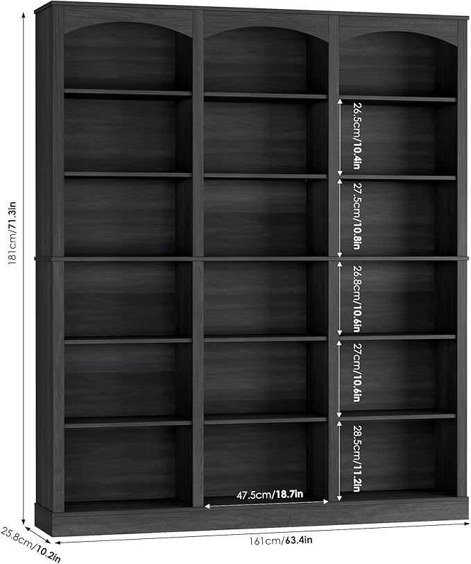FACBOTALL 71" Triple Wide Bookshelf, 6 Tier Tall Bookshelf, Large Arched Bookcase with Curved Baffle, 63.4" Wide Book Shelf with 18 Open Display Shelves for Living Room, Study, Dark Grey