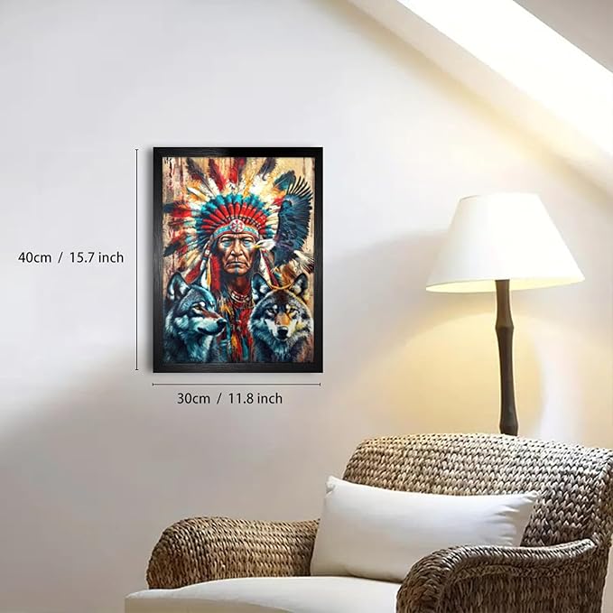 Native American Wall Art Indian Man and Eagle Wolf Pictures Wall Decor Black Framed Southwestern Indian Wall Art Canvas Print Artwork for Living Room Bedroom Home Decor 12×16 Inch