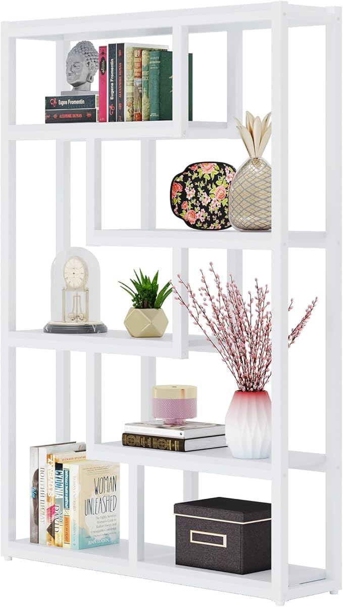Tribesigns Way to Origin 6-Shelf Industrial Bookshelf Set of 2, Modern Etagere Bookcase, 69 Inch Tall Storage Display Staggered Shelves with Sturdy Metal Frame for Home Office, White