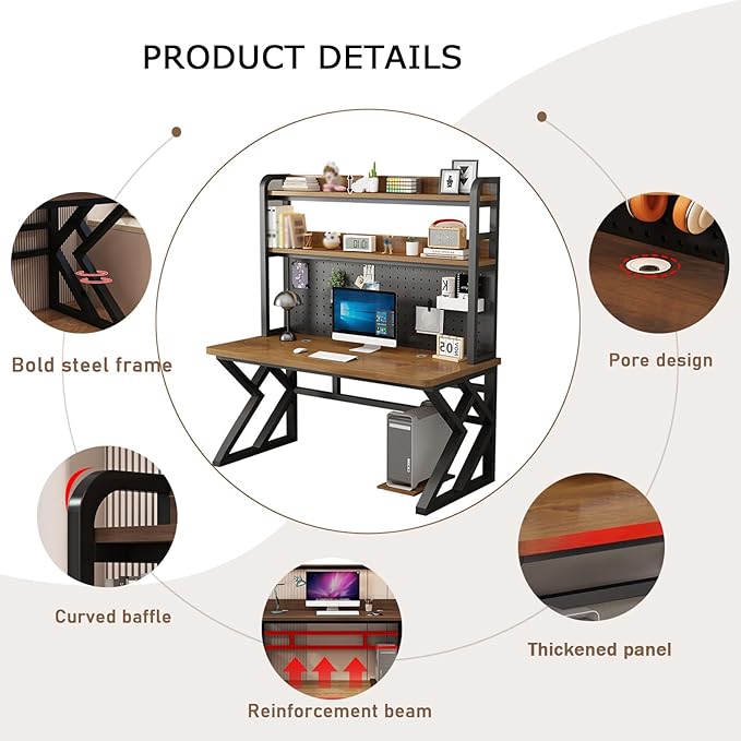 GFFQLXHT62in Gaming Desk with Bookshelf Combo, Computer Desk with Pegboard, Large Writing Table with Desktop Shelves, Ample Leg Room, for Home Office (Brown, 62in)